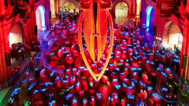 Crowd dancing at a silent disco inside the Natural History Museum with colourful lights.