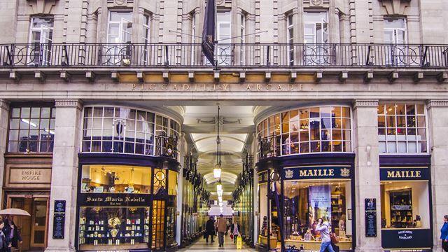 The ornate exterior of Piccadilly Arcade