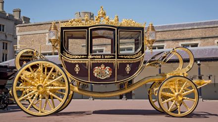 See the Diamond Jubilee state coach, built to celebrate Queen Elizabeth II's Diamond Jubilee. Image courtesy of Golden Tours / Royal Collection Trust © His Majesty King Charles III 2024