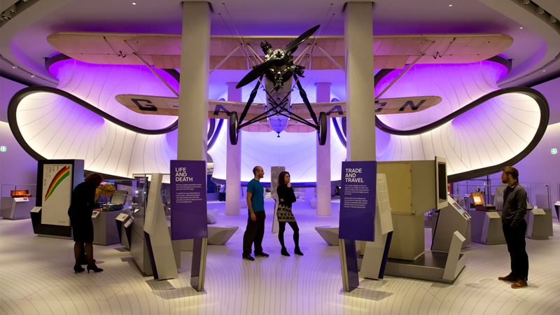 Learn about the work of mathematicians inside The Wilton Gallery at The Science Museum. Credit: The Science Museum Group. Image courtesy of The Science Museum Group. Plane suspended by ceiling at the Science Museum.