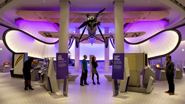 Plane suspended by ceiling at the Science Museum.