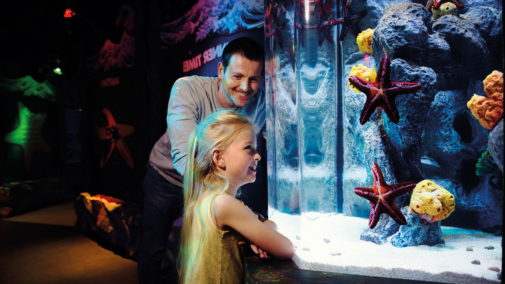 A man and his daughter admire the starfish in one of the tanks at the SEA LIFE London aquarium.