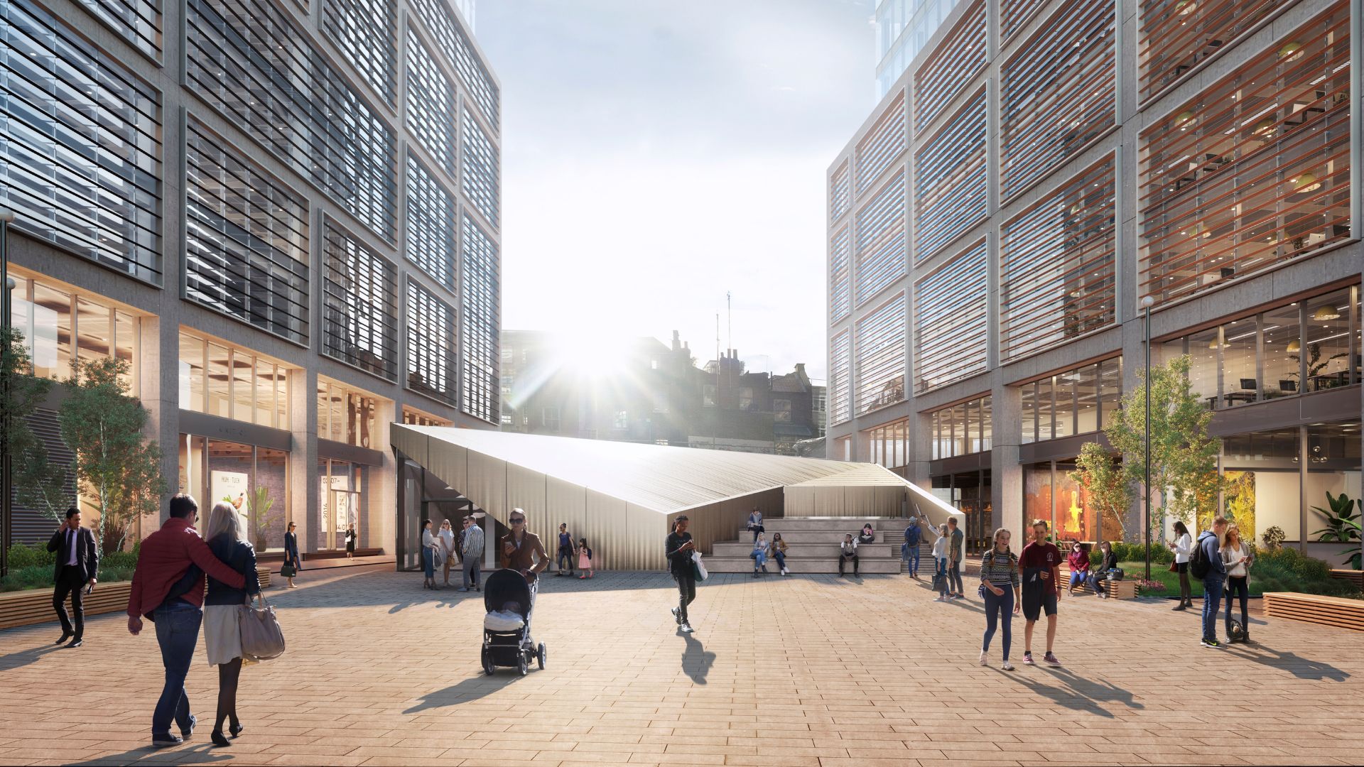 A rendering of people standing in front of the shakespeare museum in london.