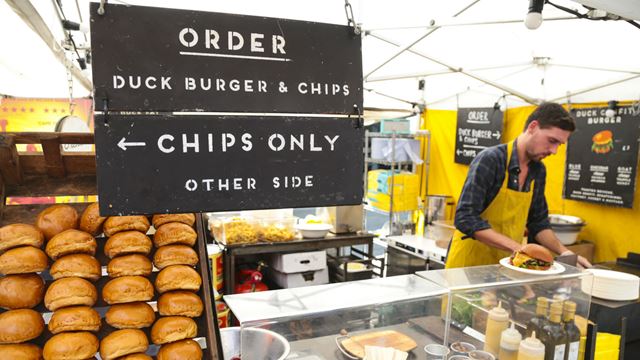 Burger buns and duck burgers at the Frenchie stall at Southbank Centre Market. © India Roper-Evans / Southbank Centre