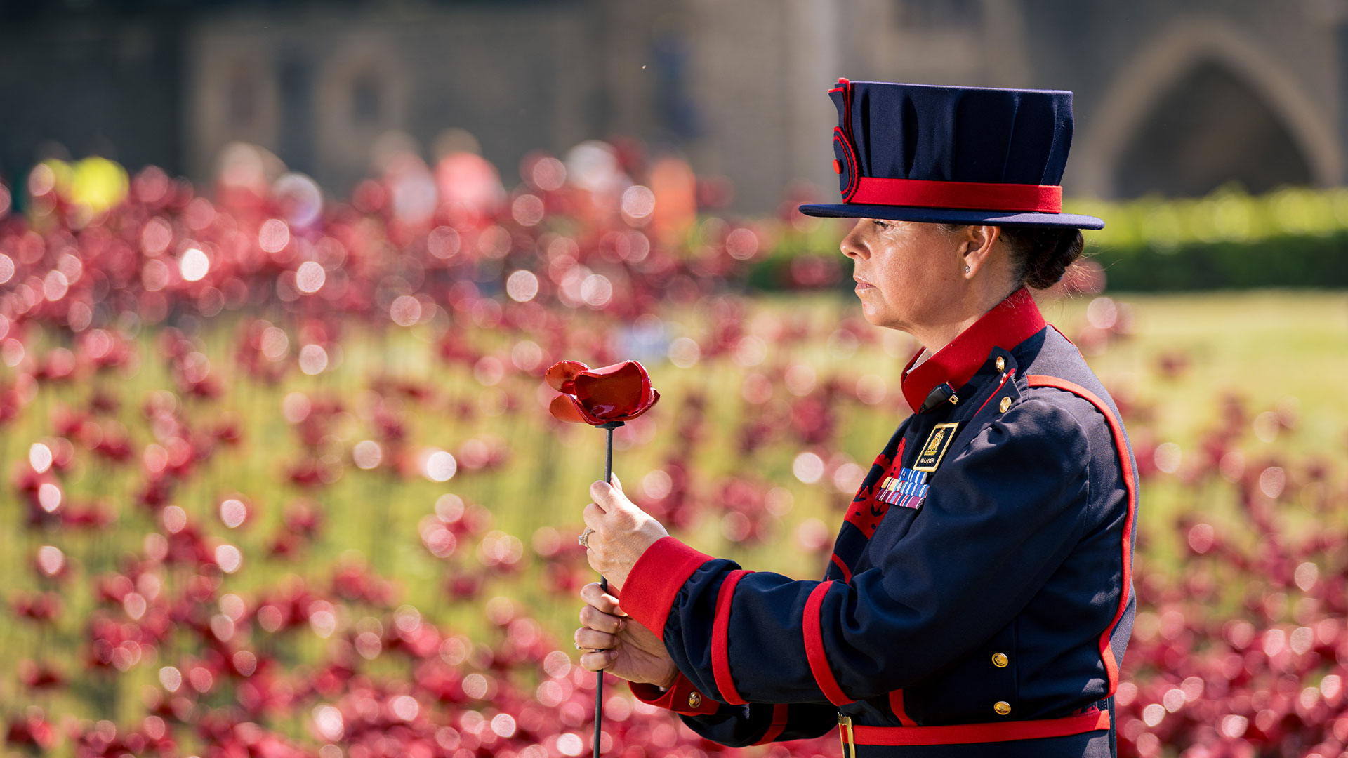 Une femme beefeater tient l'un des coquelicots lors de l'installation des coquelicots pour l'édition 2025 de Tower Remembers dans la Tour de Londres.