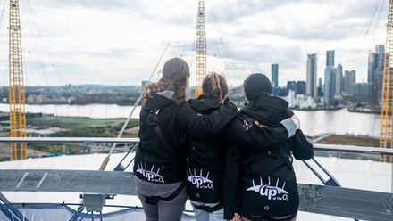 A moment to remember - friends embrace while admiring the skyline from the viewing platform at Up at The O2. Image courtesy of London & Partners/Michael Barrow