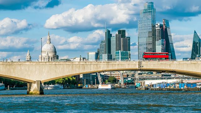 Waterloo Bridge with views of the city skyline in the background on a sunny day