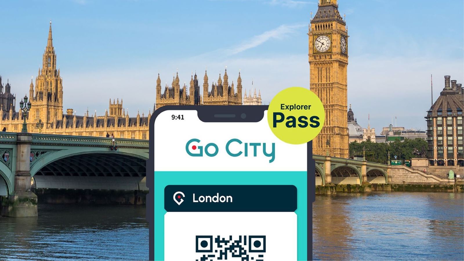 Animation of mobile phone holding up Go City app in front of Big Ben and Houses of Parliament.