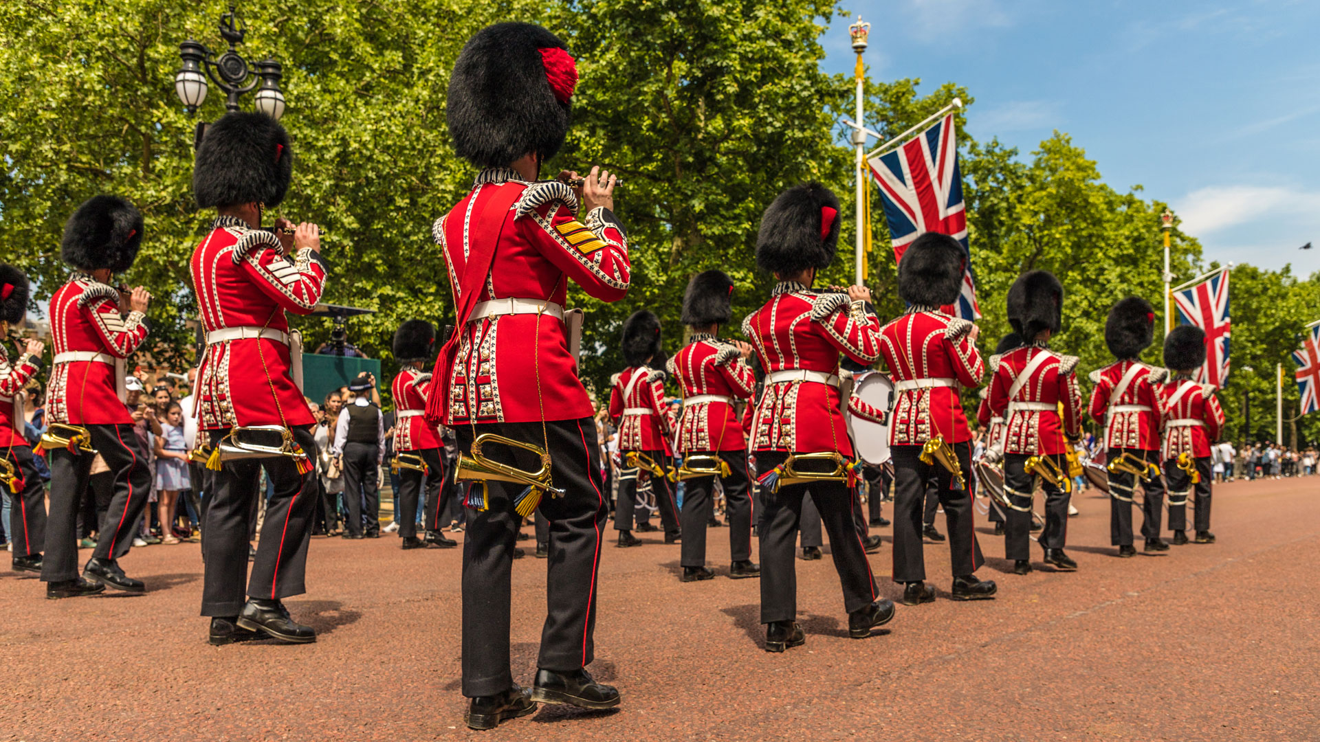 Military parade of troops from the Household Division honouring the King's official birthday during Trooping the Colour in London.
