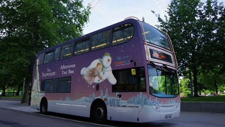 Step aboard a festive double-decker for The Snowman™ afternoon tea bus tour. Image courtesy of Golden Tours.
