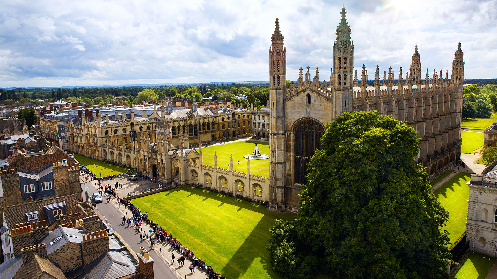 Visit Cambridge and it many colleges, including the outstanding King's College Chapel. Image courtesy of Shutterstock. Aerial view of Cambridge University and King's College Chapel on a sunny day.