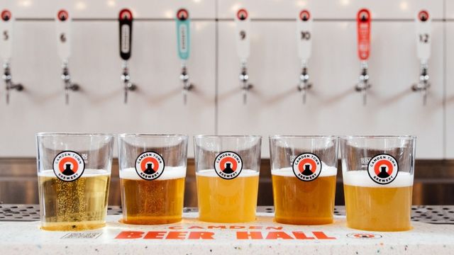 A collection of five different beers from camden town brewery.