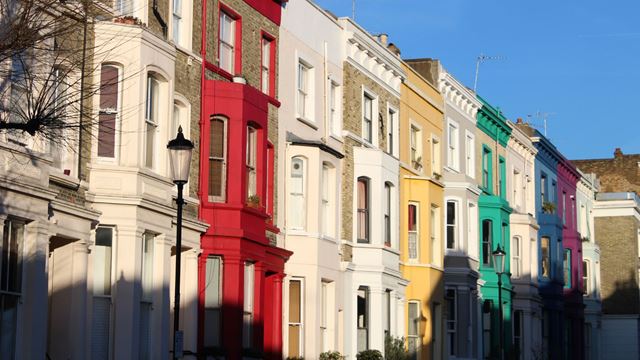 Street of colourful houses in Notting Hill.