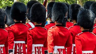 Close up image on The King's guard during the ceremony of Changing the Guard in London. The guards are wearing the traditional red unifrom and the bear skin hat.