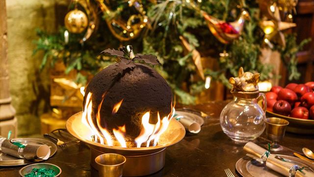 A flaming christmas pudding at the warner bros studio tour.