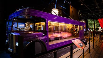 See a cross section of the Knight Bus, a triple-decker, purple AEC Regent III RT, that assisted stranded individuals of the wizarding community through public transportation.. Image credit: Warner Bros. Studio Tour London – The Making of Harry Potter