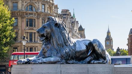 Admire the famous bronze lions that reside in Trafalgar Square. Image credit: Visit London. Image courtesy of visitlondon.com.