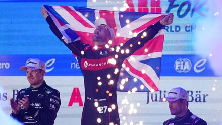 Driver celebrates his win at Formula E.. Image courtesy of Formula E. Driver celebrates his win at Formula E.. Image courtesy of Formula E.