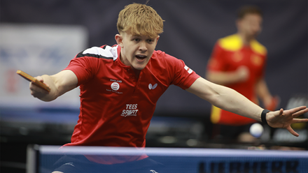 Tom Jarvis at the 2024 Liebherr European Table Tennis Championships in Tips Arena, Austria. Credit: Remy Gros. Image courtesy of Table Tennis England.