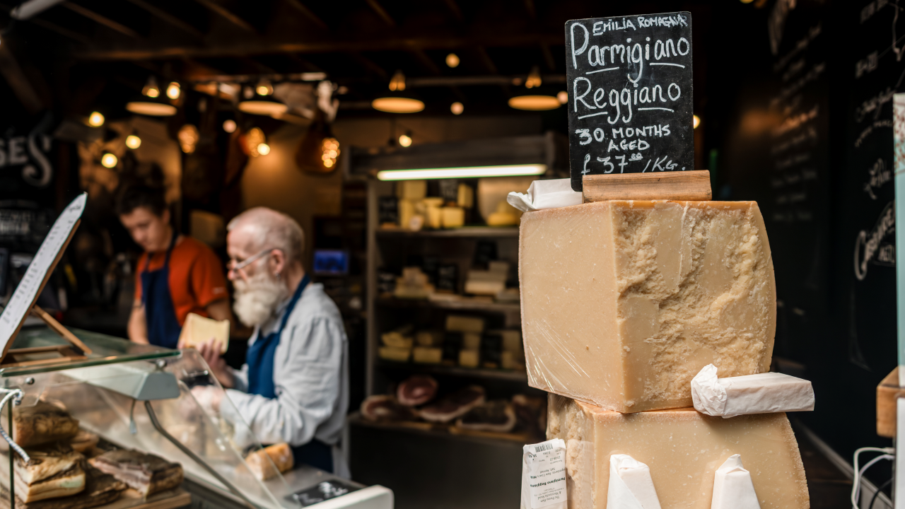 Search for locally sourced goods at Borough Market. Credit: London & Partners/Michael Barrow. Chalk board on top of stacks of parmesan with a cheesemonger at a Borough Market stall