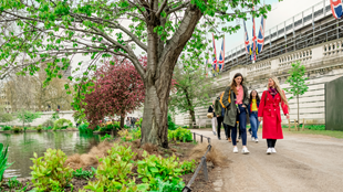 A group walking along a river bank on a Royal walking tour