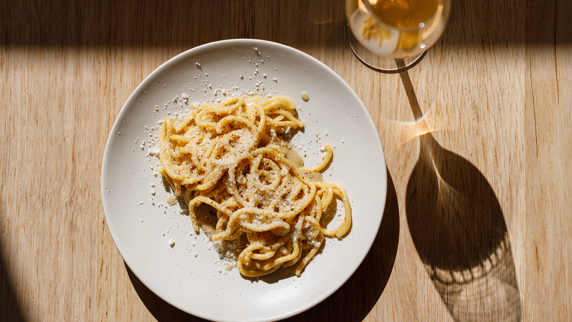 A classic tonnarelli cacio e pepe made from regenerative flour.