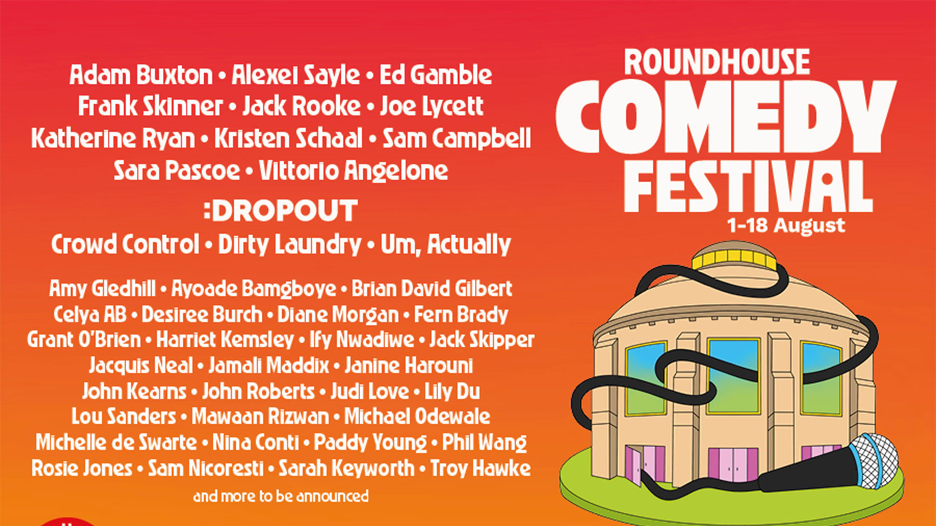Artwork promoting the Roundhouse Comedy Festival, featuring an illustration of the Camden venue against an orange background and the festival line-up.