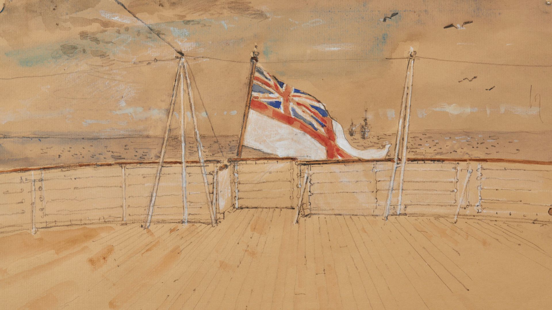 John Ward, From the Afterdeck of HMY Britannia, 1985. © John Ward. Photograph: Royal Collection Trust John Ward, From the Afterdeck of HMY Britannia, 1985 © The Estate of the Artist. Photograph: Royal Collection Trust