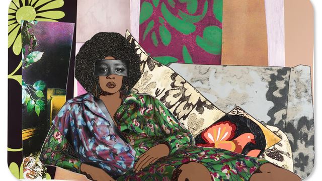 Mickalene Thomas' mixed-media painting of "Afro Goddess Looking Forward".