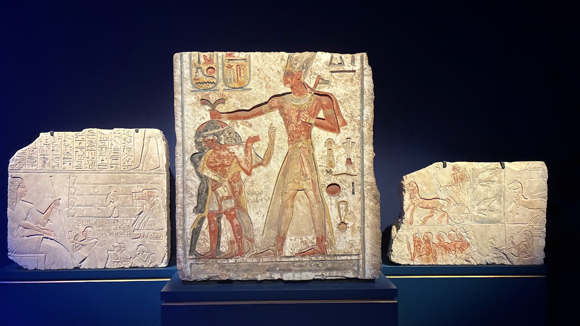 Be amazed by the detail of limestone reliefs showing scenes from Ramses's time. © London & Partners / Jonny Payne. Three limestone reliefs showing scenes from Ancient Egypt, including the middle one depicting Ramses II massacring his enemies.