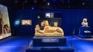 Gold sphinx on display in dark exhibition room with blue lights.