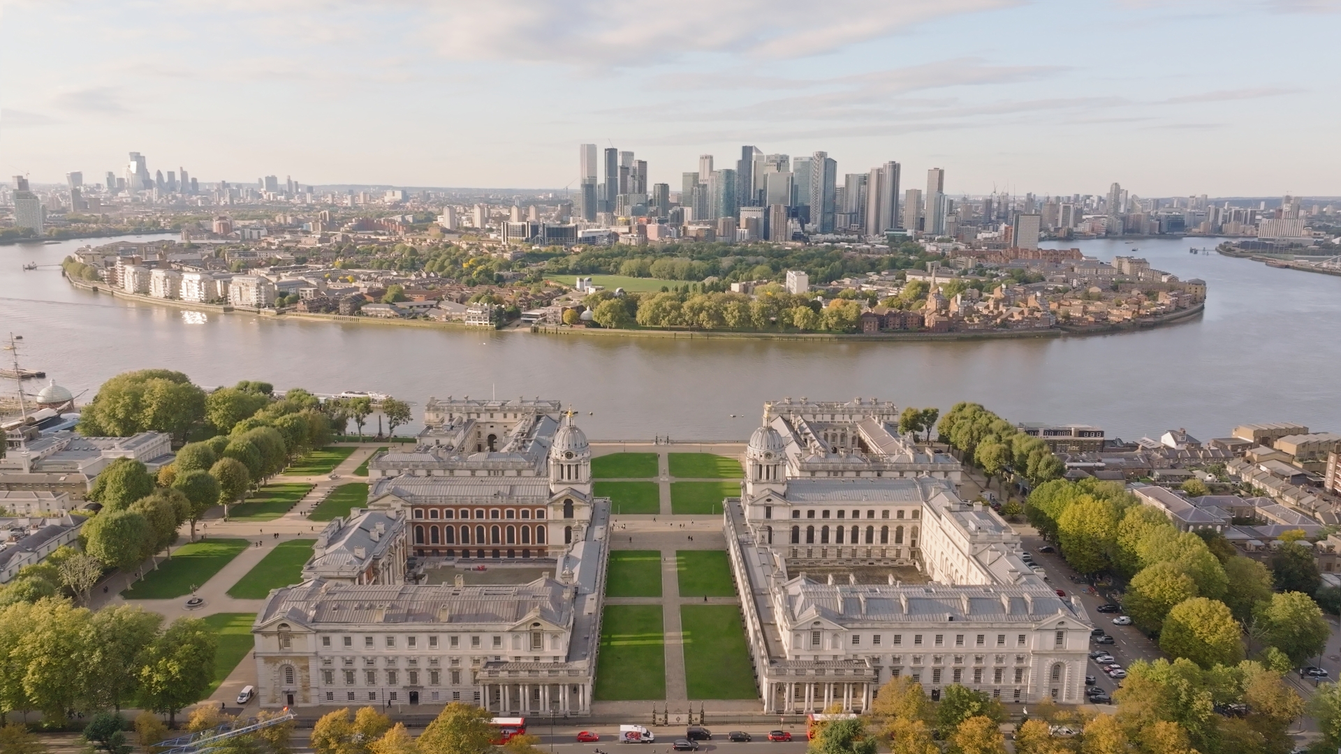 A birds-eye photo of the Old Royal Naval College with the City of London and Thames behind, the venue for the inaugural Labyrinth on the Thames festival