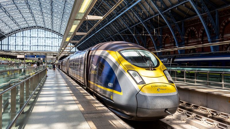 A photo of a Eurostar train on the platform at St Pancras Station in north London