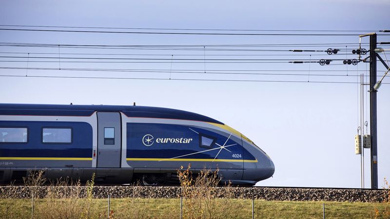 A photo of a Eurostar train on the platform at St Pancras Station in north London
