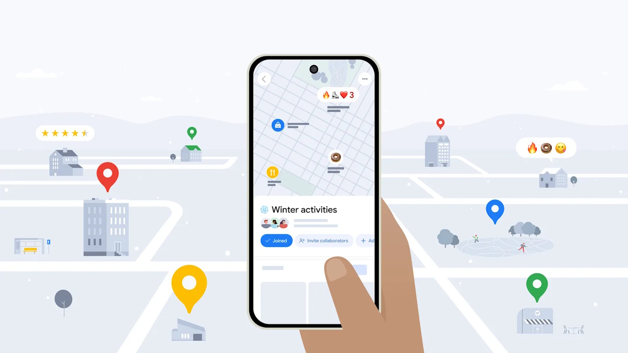 A graphic of a person's hand holding a smartphone with a map and icons with the title "Winter activities".