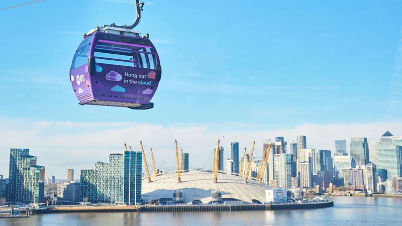 A photo of the O2 Arena and Canary Wharf high-rise buildings with the river Thames in the foreground and a London Cable Car hanging overhead