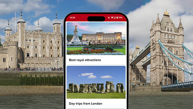An image of a mobile phone showing the Visit London app, featuring the Tower of London, and Tower Bridge in the background on a sunny day