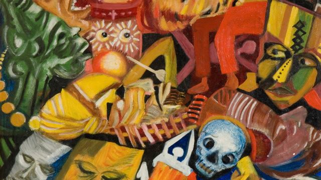 Colourful masks and figures together in Fantasy and Masks painting by Uche Okeke.