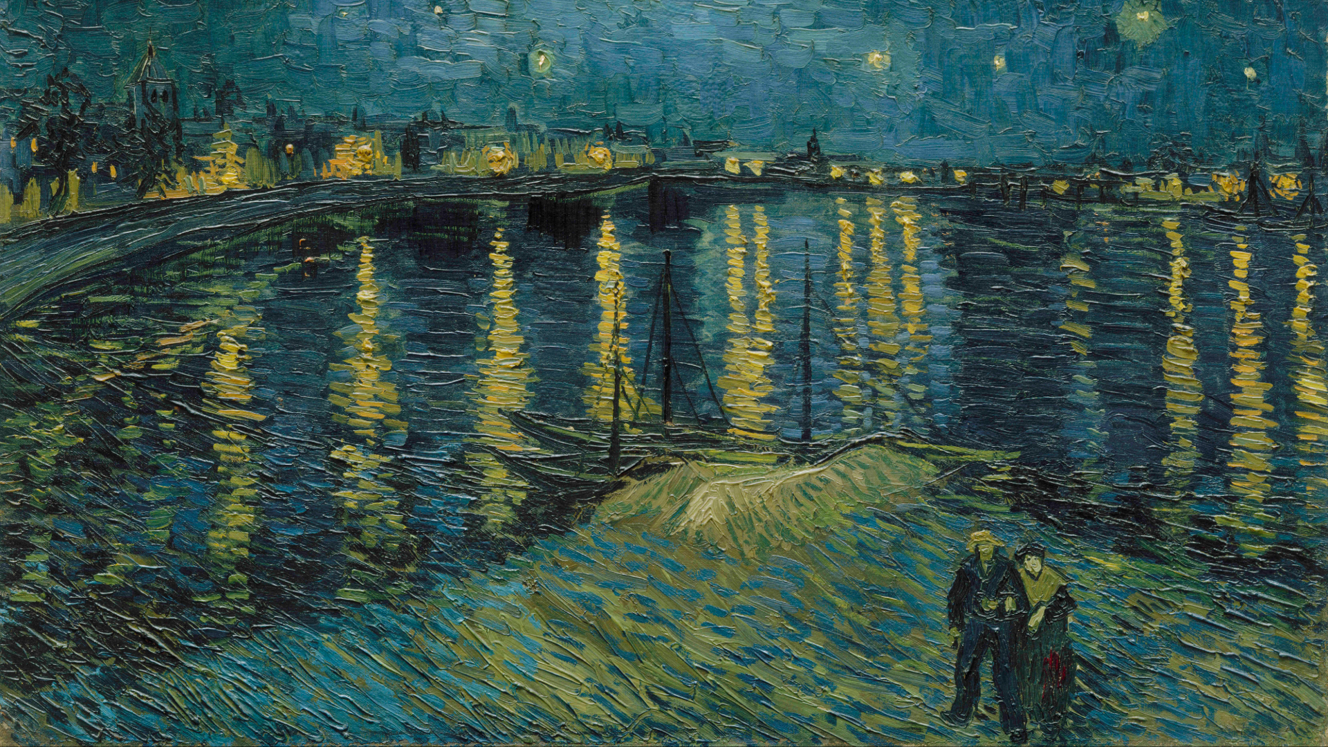 Van Goghs Sternennacht an der Rhône, 1888, Ölfarbe auf Leinwand. Kredit: RMN-Grand Palais (Musée d'Orsay) / Hervé Lewandowski. Bild mit Genehmigung von Tate Britain. Sternennacht an der Rhône von Van Gogh als Teil der Ausstellung Van Gogh und Großbritannien in der Tate Britain