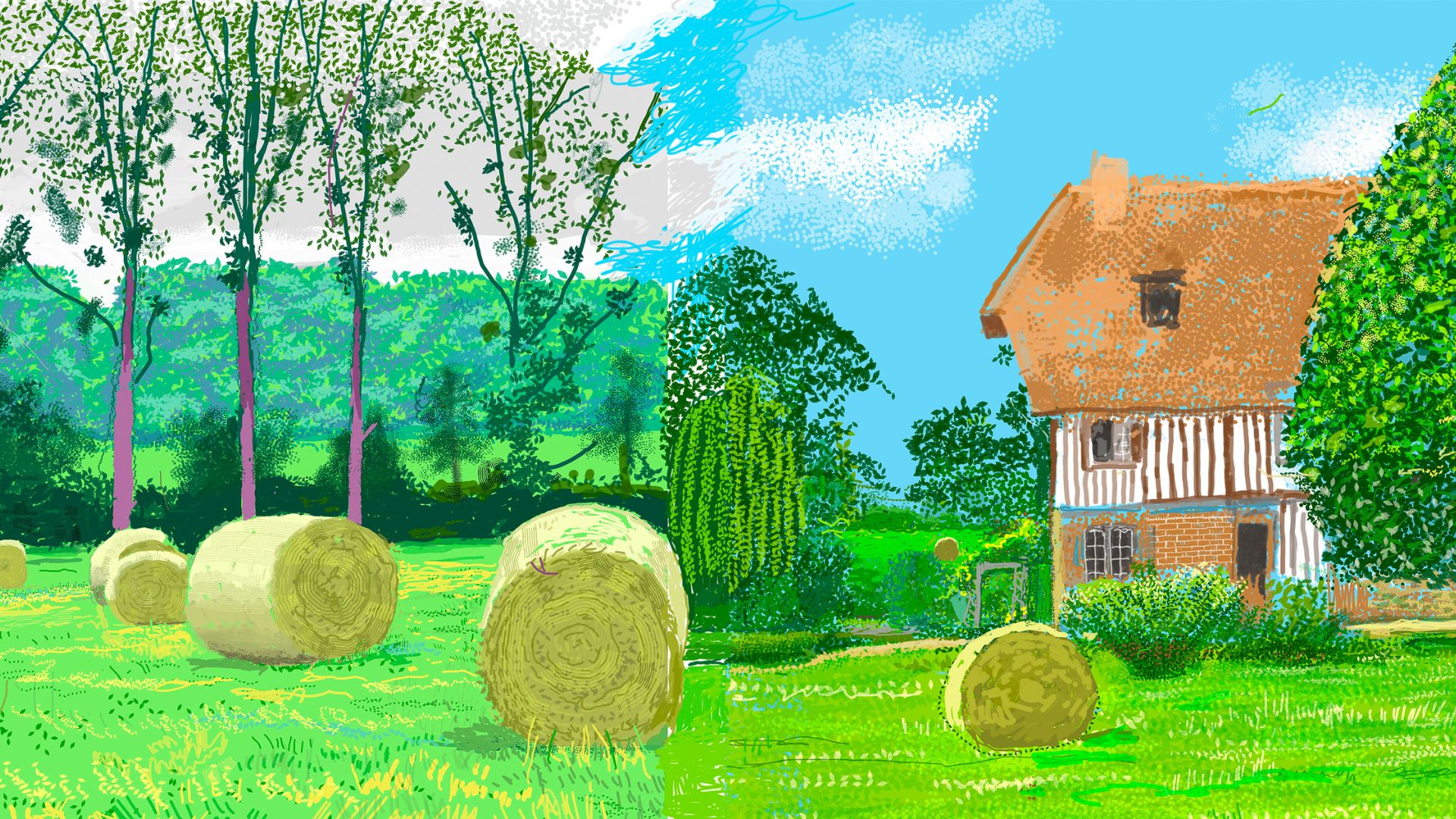 Digital artwork by David Hockney showing a green Normandy landscape with trees, hay bales and a traditional house under a blue sky.