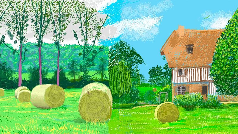 A colourful countryside scene from A Year in Normandie, part of David Hockney’s major exhibition at Serpentine in 2026. Imagw courtesy of Serpentine Galleries. Digital artwork by David Hockney showing a green Normandy landscape with trees, hay bales and a traditional house under a blue sky.