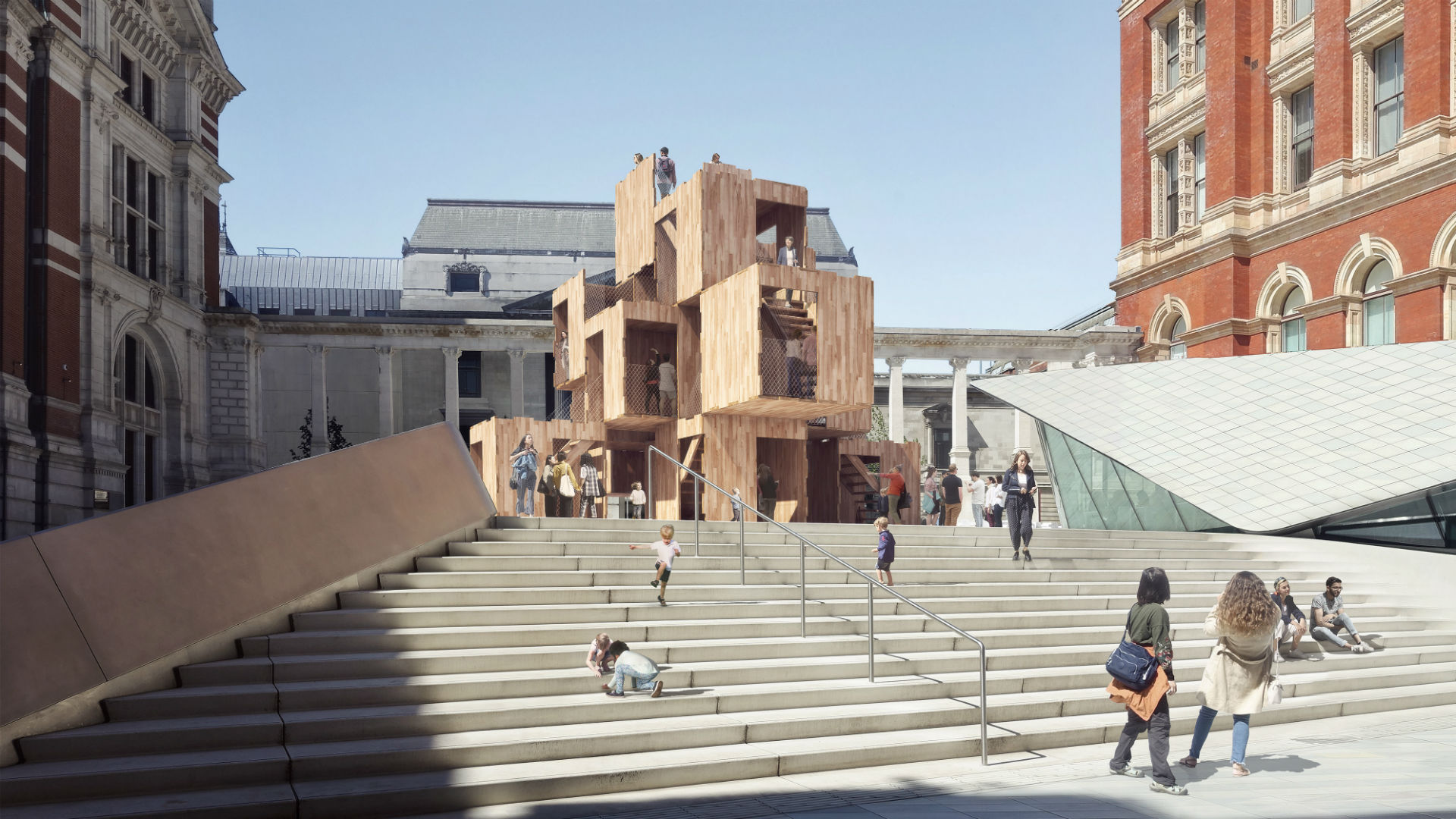 MultiPly installation by Waugh Thistleton Architects is displayed in the sunshine at the top of a set of steps