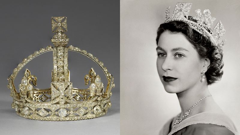 Left image: Queen Victoria’s Small Diamond Crown, featuring intricate diamond-encrusted arches, fleur-de-lis motifs and a cross at the top. Right image: A black-and-white portrait of Queen Elizabeth II wearing the Diamond Diadem and a diamond necklace.