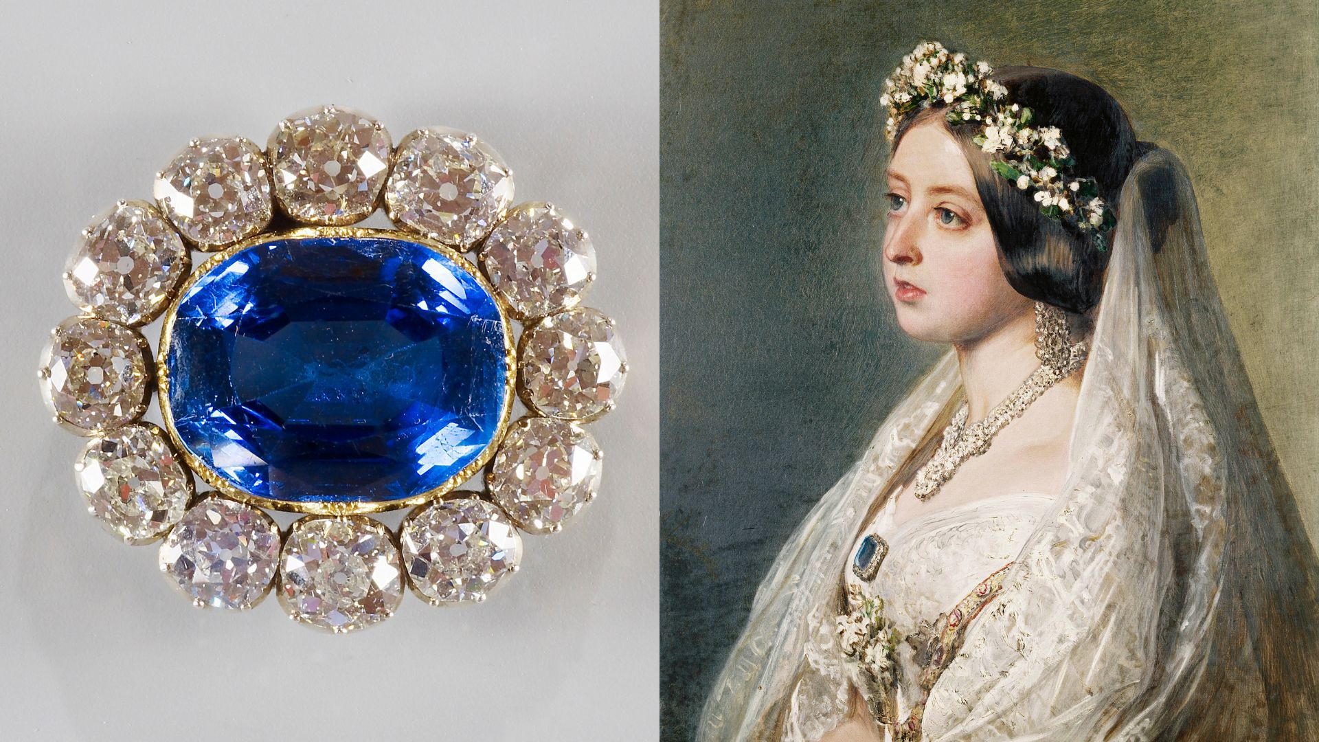 Left image: Queen Victoria’s Wedding Brooch, 1840, given to her by Prince Albert on the eve of their wedding. Right image: Franz Xaver Winterhalter, Queen Victoria, 1847, showing the Queen wearing the brooch given to her by Prince Albert. Image credit: © Royal Collection Enterprises Limited 2026 | Royal Collection Trust. Left image: An oval blue sapphire surrounded by large diamonds, set in a gold brooch. Right image: A painting of Queen Victoria in her wedding dress, wearing a veil, floral wreath, necklace and brooch.