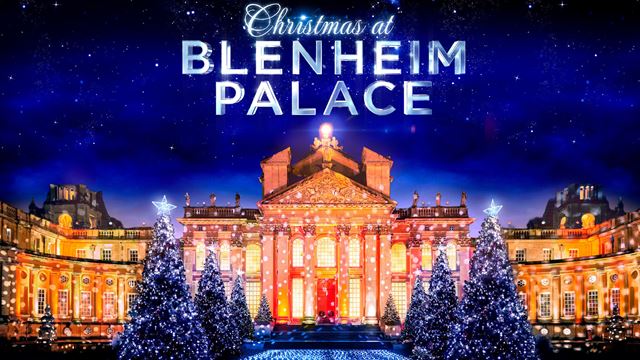 Christmas at Blenheim Palace artwork with the Palace in twinkling Christmas lights and Christmas trees out front.
