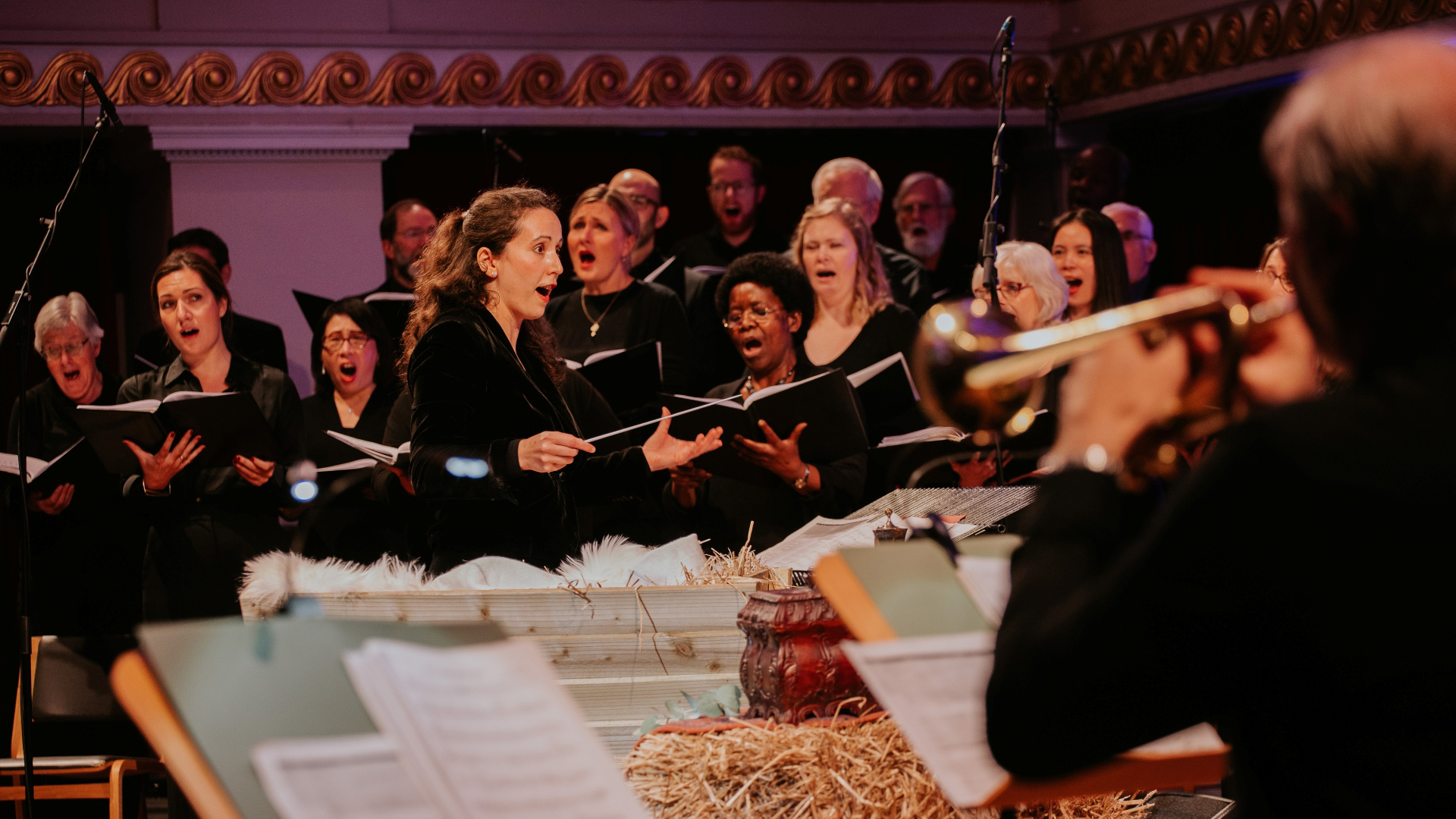 A photo of carol singers holding books with lyrics while singing together and a photo of a nativity set in the foreground with a person playing a brass instrument