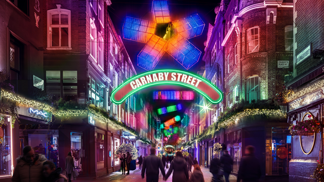 A generated image of the 2026 Carnaby Christmas decorations hanging above the street in bright colours 
