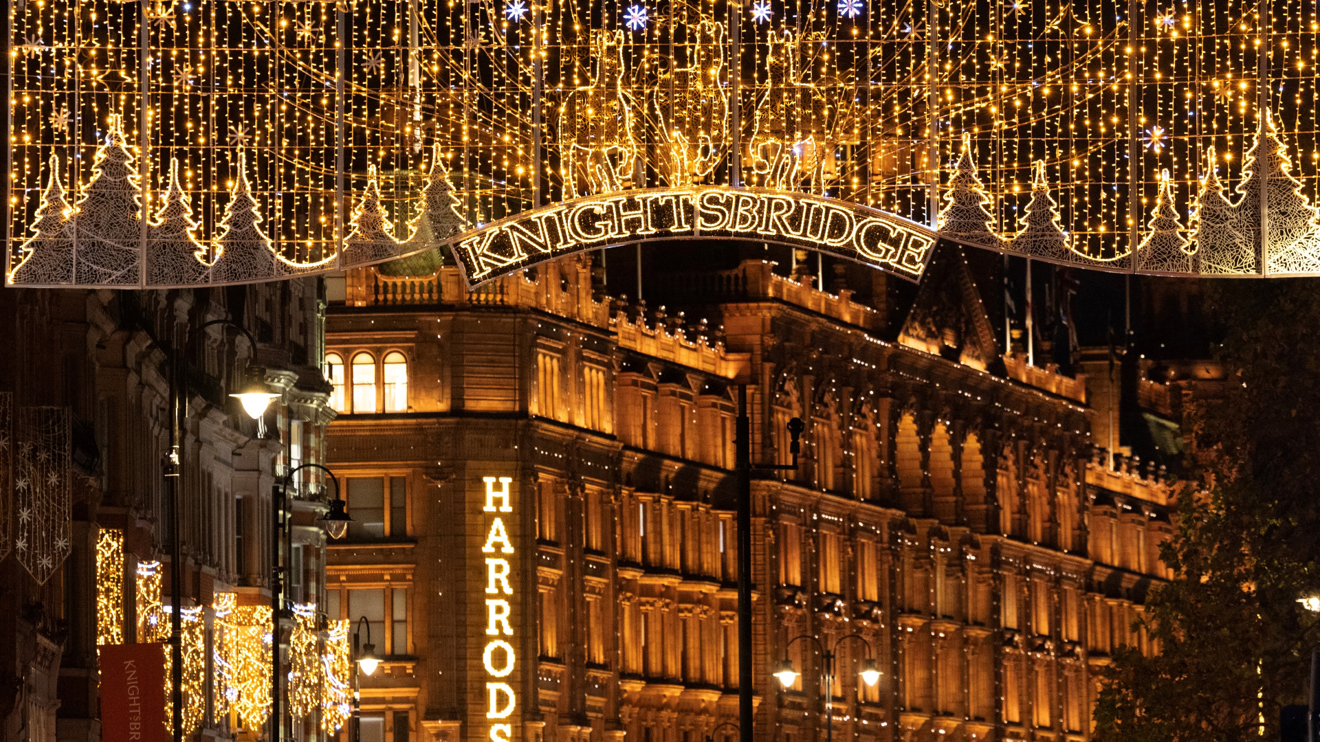 A photo of the Knightsbridge Christmas lights, warm LED lights that spell out 