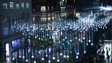 Head to Oxford Street where you'll find the famous starry light display, this year in collaboration with Great Ormond Street Hospital Charity. Credit: Doug Peters/PA Wire. Image courtesy of Four Agency.
