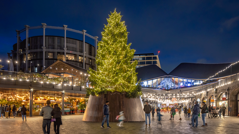 Get in the festive spirit with the help of the Christmas lights adorning Coal Drops Yard in King's Cross. Credit: John Sturrock. Image courtesy of King's Cross. Coal Drops Yard Christmas tree 2023
